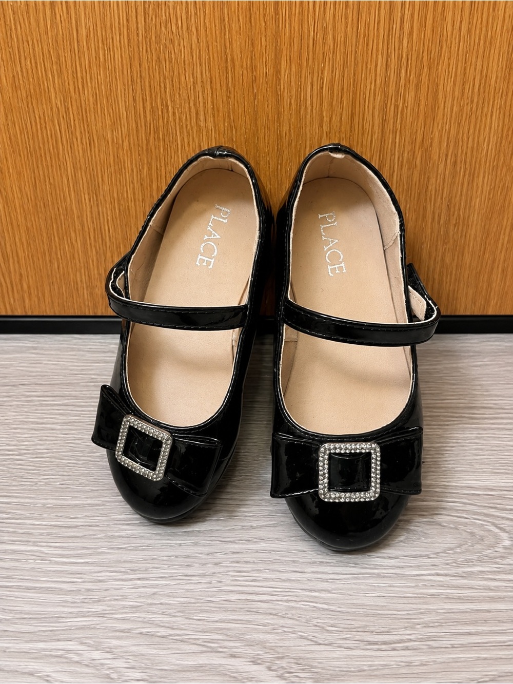 Place Black Patent Mary Jane Shoes with Rhinestone Buckle